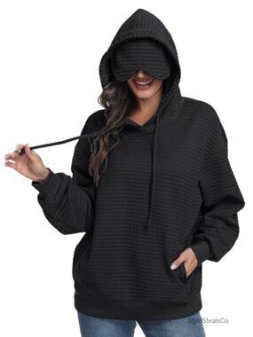 Waffle Knit Hoodie with Eye Mask for Travel, Long Flight, Unisex, Oversized